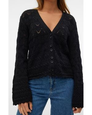 Vero Moda Pointelle Flare Sleeve Cardigan - Black