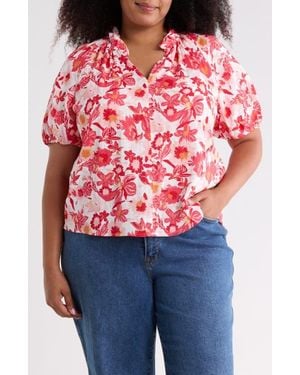 Caslon Split Neck Short Sleeve Cotton Gauze Top - Red