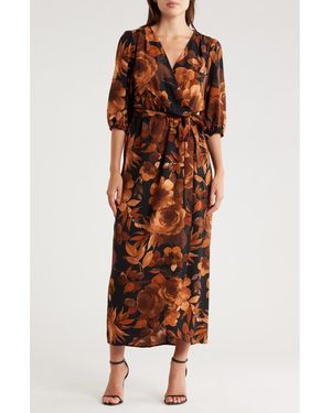 Connected Apparel Floral Puff Sleeve Faux Wrap Maxi Dress - Brown