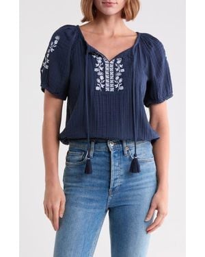 Lucky Brand Embroidered Cotton Gauze Top - Blue
