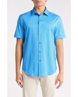 Bugatchi Micro Dot Print Stretch Cotton Short Sleeve Button-Up Shirt - Blue