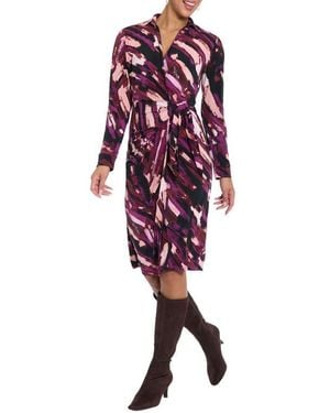 London Times Long Sleeve Faux Wrap Shirtdress - Red