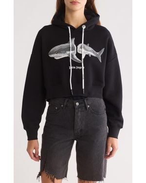 Palm Angels Shark Cotton Crop Hoodie - Black