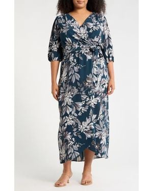 Connected Apparel Floral Puff Sleeve Wrap Midi Dress - Blue