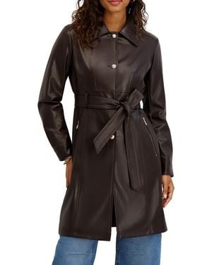 Kensie Belted Faux Leather Trench Coat - Black