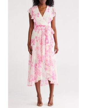 Eliza J Flutter Sleeve Faux Wrap Midi Dress - Pink