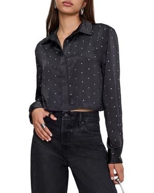 GOOD AMERICAN Crystal Embellished Satin Button-Up Crop Shirt - Blue