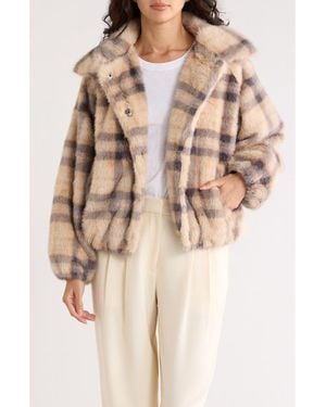 Democracy Plaid Faux Fur Bomber Jacket - Brown
