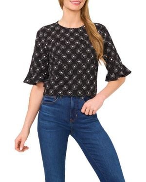 Cece Floral Embroidered Ruffle Cuff Top - Black