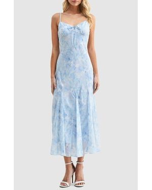 Lush Floral V-Neck Tie Midi Dress - Blue