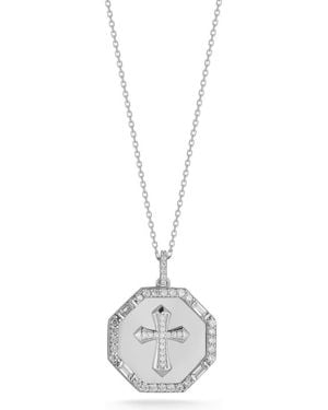 Chloe and Madison Rhodium Plate Cubic Zirconia Cross Coin Pendant Necklace - Metallic