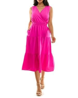 Nina Leonard Tiered Midi Dress - Pink