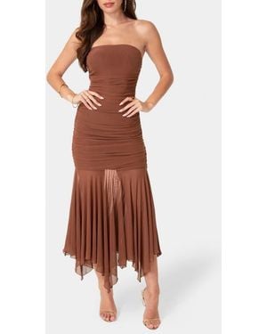 Bebe Strapless Handkerchief Hem Powermesh Dress - Brown