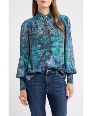 Apny Smocked Cuff Long Sleeve Top - Blue