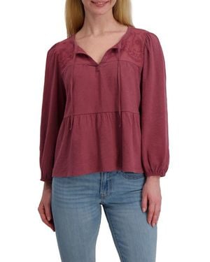 Lucky Brand Long Sleeve Cotton Babydoll Top - Red