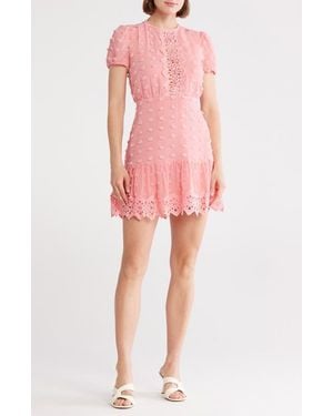 Love By Design Romee Puff Sleeve Lace Trim Clip Dot Minidress - Pink