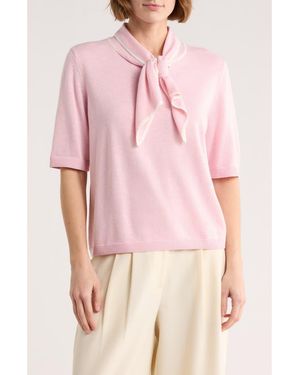 Halogen® Tipped Tie Neck Short Sleeve Sweater - Pink