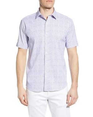 Bugatchi Shaped Fit Stripe Short Sleeve Button-Up Shirt - White