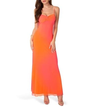 Bebe Printed Mesh Drape Back Maxi Dress - Orange