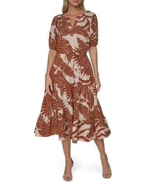 Calvin Klein Printed Split Neck Tiered Dress - Brown