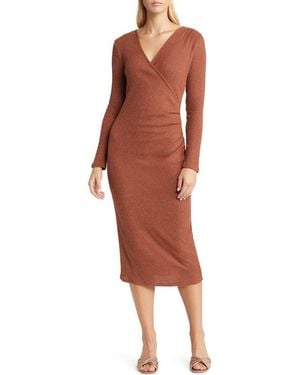 Loveappella Long Sleeve Faux Wrap Midi Dress - Red