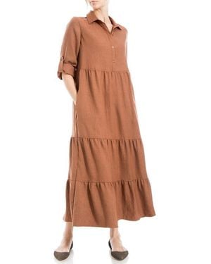 Max Studio Tiered Long Sleeve Gauze Shirtdress - Brown
