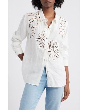 Rails Samar Floral Embroidery Detail Linen Blend Button-Up Shirt - White