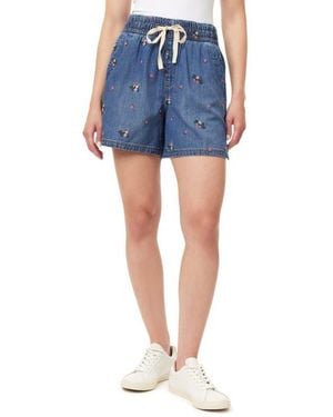 Kensie Embroidered Pull-On Denim Shorts - Blue