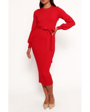 Petal & Pup Helena Belted Long Sleeve Sweater Dress - Red