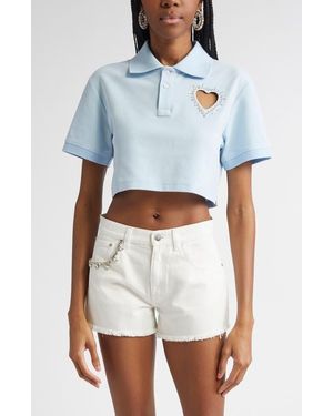 Area Crystal Heart Cutout Crop Polo - White