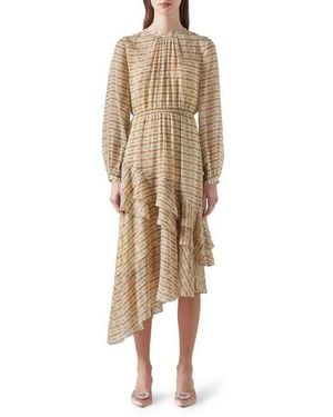 LK Bennett Bea Print Ruffle Asymmetric Long Sleeve Silk Midi Dress - Natural