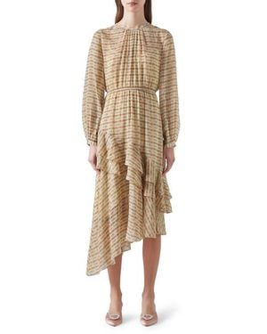 LK Bennett Bea Print Ruffle Asymmetric Long Sleeve Silk Midi Dress - Natural