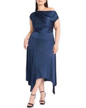 Maggy London One-Shoulder Handkerchief Hem Satin Maxi Dress - Blue