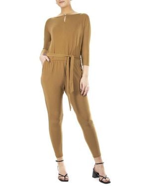 Nina Leonard Three-Quarter Sleeve Belted Jumpsuit - Natural