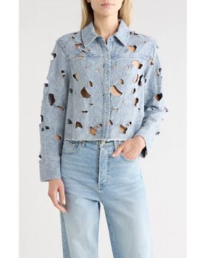 Alice + Olivia Embroidered Cutout Floral Denim Crop Shirt Jacket - Blue