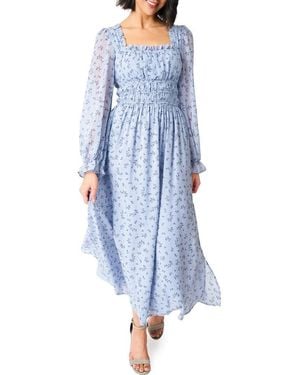 Gibsonlook Floral Print Shirred Long Sleeve Maxi Dress - Blue