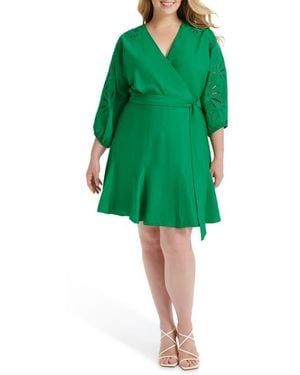 DKNY Floral Balloon Sleeve Faux Wrap Dress - Green