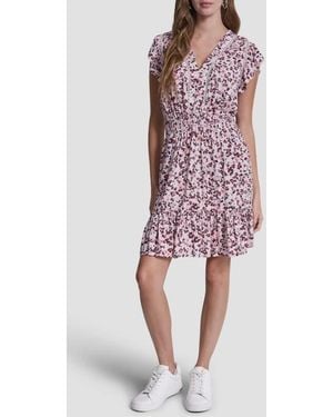 DKNY Floral Smocked Waist Minidress - Red