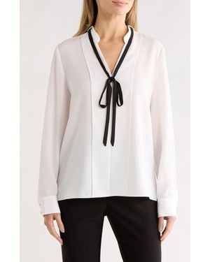 Gemma Jane Contrast Tie V-Neck Long Sleeve Top - White
