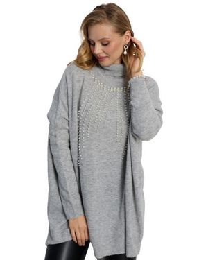 Saachi Faux Pearl Turtleneck Tunic Sweater - Gray