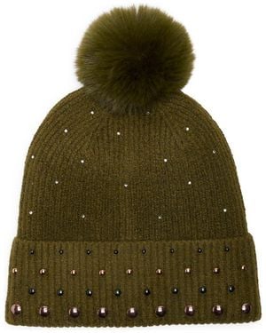 BCBGMAXAZRIA Studded Faux Fur Pompom Beanie - Green