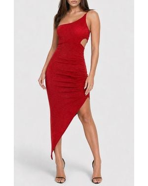 Bebe One Shoulder Asymmetric Metallic Knit Dress - Red