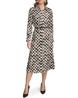 Donna Karan Mixed Dot Long Sleeve Belted Midi Shirtdress - Black
