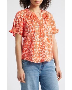 Wit & Wisdom Print Puff Sleeve Top - Orange