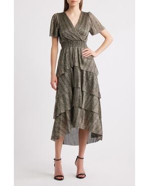 Vince Camuto Metallic Tiered Midi Dress - Brown