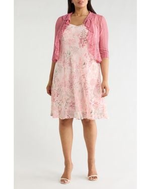 Connected Apparel Floral Chiffon Dress & Lace Shrug Set - Pink