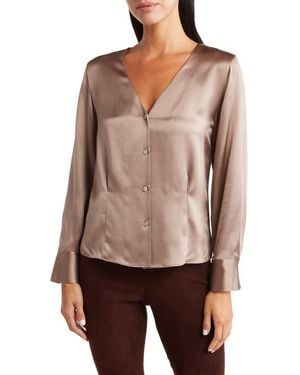 Vince Long Sleeve V-Neck Silk Blouse - Brown