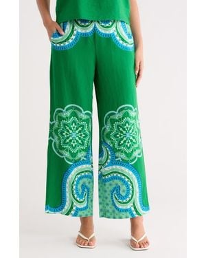 Tahari Placed Print Linen Blend Pull-On Pants - Green