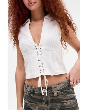 BDG Lace-Up Linen Blend Top - White
