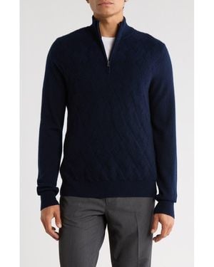 Amicale Jacquard Cashmere Quarter Zip Sweater - Blue